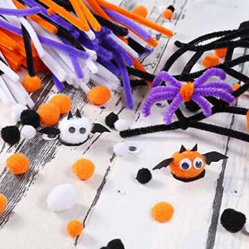 Caydo 500 Pieces 4 Size Halloween Pom Poms and 50 Pieces 4 Size Wiggle Eyes for Halloween DIY, Creative Crafts Decorations(Black, White, Orange)