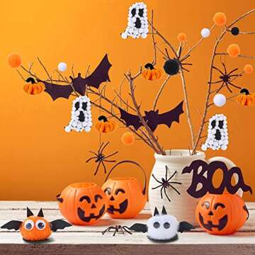 Caydo 500 Pieces 4 Size Halloween Pom Poms and 50 Pieces 4 Size Wiggle Eyes for Halloween DIY, Creative Crafts Decorations(Black, White, Orange)