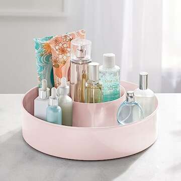 mDesign Plastic Lazy Susan Round Turntable Storage Tray - Rotating Organizer for Makeup, Cosmetics, Nail Polish, Vitamins, Shaving Kits, Hair Spray, Medical Supplies, First Aid - Light Pink/Blush