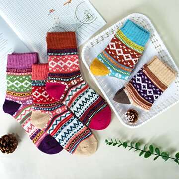 Loritta Women's 5 Pairs Vintage Style Winter Knitting Warm Wool Crew Socks,Multicolor 01,One Size