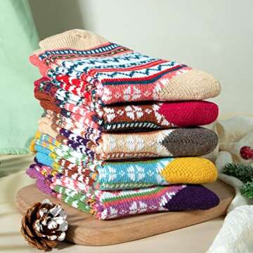 Loritta Women's 5 Pairs Vintage Style Winter Knitting Warm Wool Crew Socks,Multicolor 01,One Size