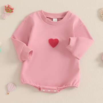 FIOMVA Valentines Girl Outfit Infant Heart Bow Bubble Romper Sweatshirt Newborn Bodysuit Top Toddler Spring Clothes