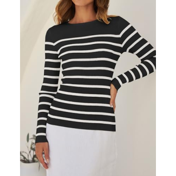ZESICA Women's Long Sleeve Striped Knit Tops Comfort Fit