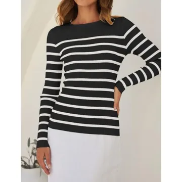 ZESICA Women's Long Sleeve Striped Knit Tops Comfort Fit