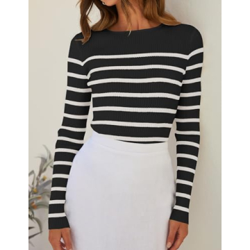 ZESICA Women's Long Sleeve Striped Knit Tops Comfort Fit