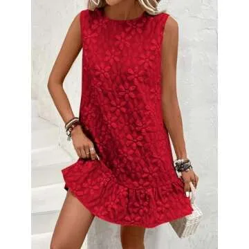 SOLY HUX Women's Ruffle Hem Sleeveless Tank Dress Round Neck Casual Jacquard Hem Smock Summer Mini Dresses