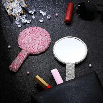 Bucherry 2 Pcs Rhinestone Hand Mirror Wedding Bling Hand Held Makeup Mirrors Adorable Dazzling Cosmetic Portable Decorative Personal for Women Bride Wedding Gift, Pink White