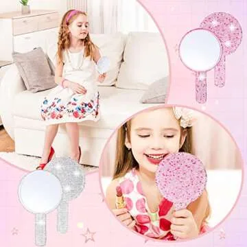 Bucherry 2 Pcs Rhinestone Hand Mirror Wedding Bling Hand Held Makeup Mirrors Adorable Dazzling Cosmetic Portable Decorative Personal for Women Bride Wedding Gift, Pink White