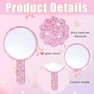 Bucherry 2 Pcs Rhinestone Hand Mirror Wedding Bling Hand Held Makeup Mirrors Adorable Dazzling Cosmetic Portable Decorative Personal for Women Bride Wedding Gift, Pink White