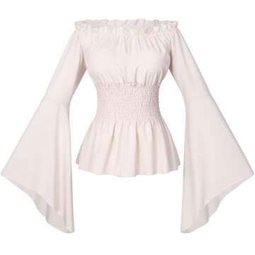 Womens Renaissance Victorian Peasant Ruffle Smocked Waist Boho Pirate Shirt Blouse Cosplay Costume(A...