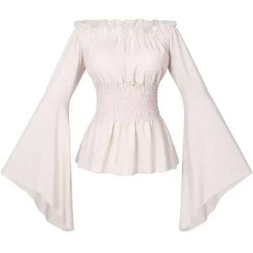 Womens Renaissance Victorian Peasant Ruffle Smocked Waist Boho Pirate Shirt Blouse Cosplay Costume(A...