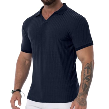 Askdeer Men's Muscle Polo Shirt - V Neck Slim Fit Casual Tee in Navy Blue