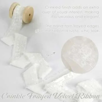 HUIHUANG 1 inch Velvet Ribbon White Frayed Velvet Ribbon Crinkled Silk Velvet Ribbon for Gift Wrapping, Floral Bouquets, Ornaments Crafts, Christmas Tree Decoration, Wreaths, Wedding Decor