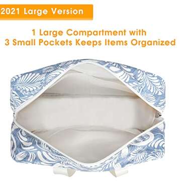 Full Size Toiletry Bag Women Large Cosmetic Bag Travel Makeup Bag Organizer Medicine Bag for Toiletries Essentials Accessories (Large, Blue Leaf)