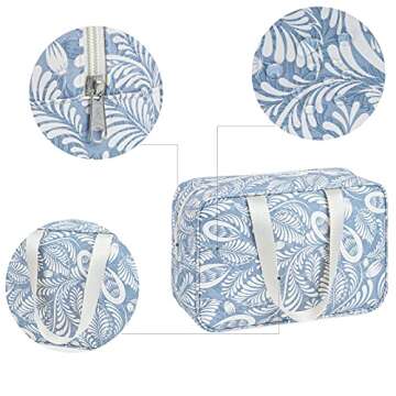 Full Size Toiletry Bag Women Large Cosmetic Bag Travel Makeup Bag Organizer Medicine Bag for Toiletries Essentials Accessories (Large, Blue Leaf)