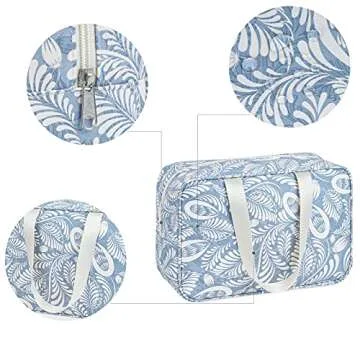 Full Size Toiletry Bag Women Large Cosmetic Bag Travel Makeup Bag Organizer Medicine Bag for Toiletries Essentials Accessories (Large, Blue Leaf)