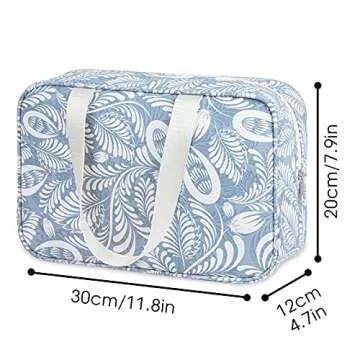 Full Size Toiletry Bag Women Large Cosmetic Bag Travel Makeup Bag Organizer Medicine Bag for Toiletries Essentials Accessories (Large, Blue Leaf)