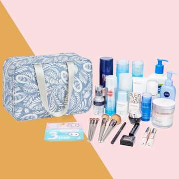 Full Size Toiletry Bag Women Large Cosmetic Bag Travel Makeup Bag Organizer Medicine Bag for Toiletries Essentials Accessories (Large, Blue Leaf)