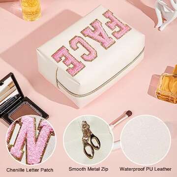 Chenille Letter Patch Makeup Bag, Preppy Cosmetic Bag PU Leather Skincare Bag with Zipper, Toiletry Bag Waterproof Travel Organizer Bag for Women Face Hair Skin Makeup Bag 3 Pcs