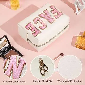 Chenille Letter Patch Makeup Bag, Preppy Cosmetic Bag PU Leather Skincare Bag with Zipper, Toiletry Bag Waterproof Travel Organizer Bag for Women Face Hair Skin Makeup Bag 3 Pcs