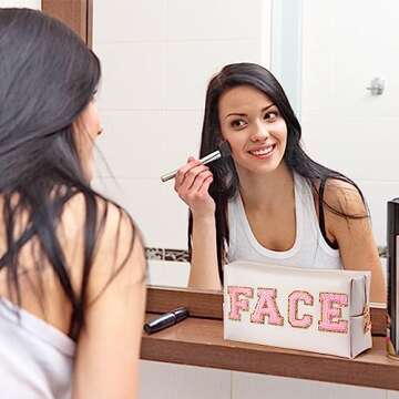 Chenille Letter Patch Makeup Bag, Preppy Cosmetic Bag PU Leather Skincare Bag with Zipper, Toiletry Bag Waterproof Travel Organizer Bag for Women Face Hair Skin Makeup Bag 3 Pcs