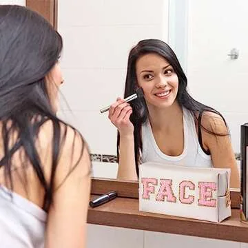 Chenille Letter Patch Makeup Bag, Preppy Cosmetic Bag PU Leather Skincare Bag with Zipper, Toiletry Bag Waterproof Travel Organizer Bag for Women Face Hair Skin Makeup Bag 3 Pcs