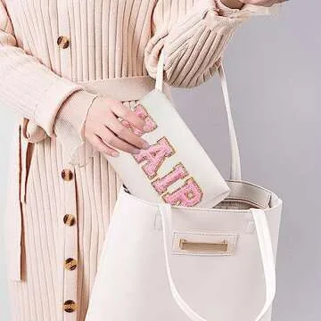 Chenille Letter Patch Makeup Bag, Preppy Cosmetic Bag PU Leather Skincare Bag with Zipper, Toiletry Bag Waterproof Travel Organizer Bag for Women Face Hair Skin Makeup Bag 3 Pcs