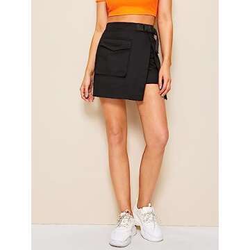 WDIRARA Women's Cargo Skirt Utility Asymmetrical Slit High Waist Wrap Mini Skirt with Buckle Black M