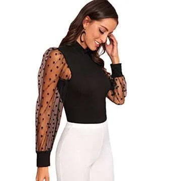 SOLY HUX Women's Sheer Mesh Polka Dot Blouse