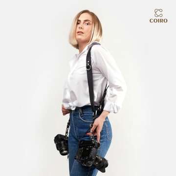 C Coiro Camera Harness for 2 Cameras – Dual Shoulder Leather Camera Strap – Double Camera Harness for DSLR/SLR, Camera Straps for Photographers of All Levels, Standard Straps/Color Black