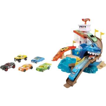 Hot Wheels Toy Car Track Set, Color Shifters Sharkport Showdown, 1:64 Scale Vehicle with Repeat Color-Change Feature