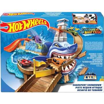 Hot Wheels Toy Car Track Set, Color Shifters Sharkport Showdown, 1:64 Scale Vehicle with Repeat Color-Change Feature