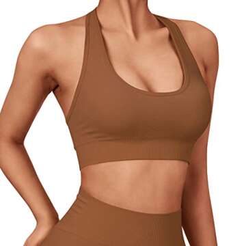 SUUKSESS Women Seamless Halter Sports Bra Open Back Padded Workout Crop Tank Tops (Brown, S)