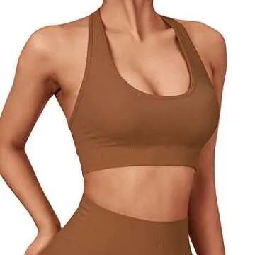 SUUKSESS Women Seamless Halter Sports Bra Open Back Padded Workout Crop Tank Tops (Brown, S)