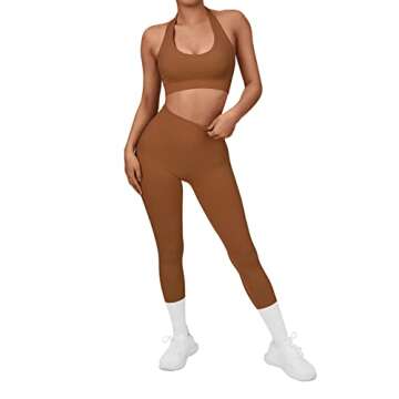 SUUKSESS Women Seamless Halter Sports Bra Open Back Padded Workout Crop Tank Tops (Brown, S)