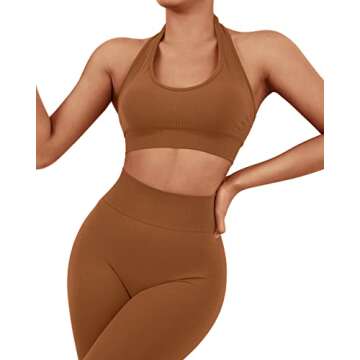 SUUKSESS Women Seamless Halter Sports Bra Open Back Padded Workout Crop Tank Tops (Brown, S)