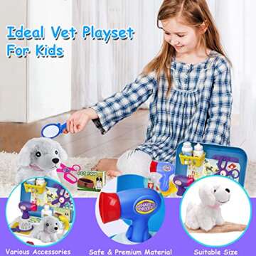 TEUVO Pet Care Playset, 16Pcs Kids Doctor Kit with Plush Dog & Backpack for Dog Grooming & Feeding, ...