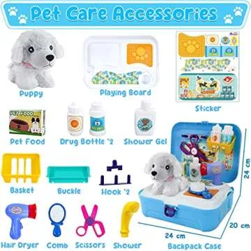 TEUVO Pet Care Playset, 16Pcs Kids Doctor Kit with Plush Dog & Backpack for Dog Grooming & Feeding, Pet Doctor Pretend Play Toys for 3 4 5 6 7 Years Old Girls Boys Birthday