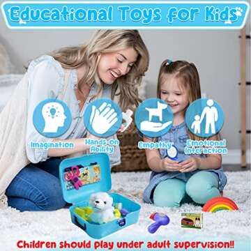 TEUVO Pet Care Playset, 16Pcs Kids Doctor Kit with Plush Dog & Backpack for Dog Grooming & Feeding, Pet Doctor Pretend Play Toys for 3 4 5 6 7 Years Old Girls Boys Birthday