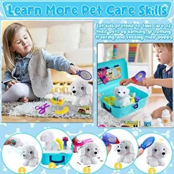 TEUVO Pet Care Playset, 16Pcs Kids Doctor Kit with Plush Dog & Backpack for Dog Grooming & Feeding, Pet Doctor Pretend Play Toys for 3 4 5 6 7 Years Old Girls Boys Birthday