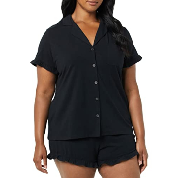 Amazon Essentials Women's Cotton Modal Piped Notch Collar Pajama Set (Available in Plus Size), Black...