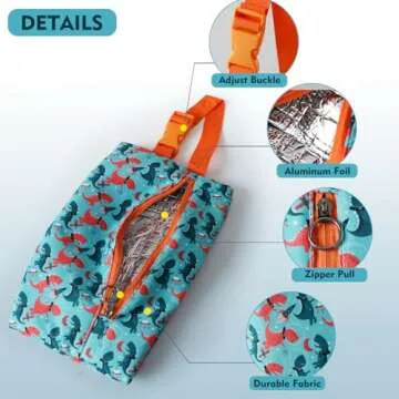 Maplerich Insulated Snack Bag, Freezable Small Cooler Bag with Zipper and Adjustable Buckle, Rectangular Thermal Cooler Bag (Dinosaur Astronauts)
