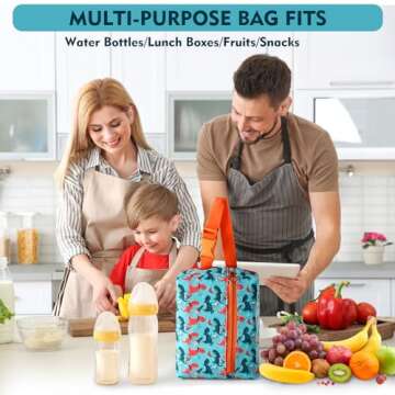 Maplerich Insulated Snack Bag, Freezable Small Cooler Bag with Zipper and Adjustable Buckle, Rectangular Thermal Cooler Bag (Dinosaur Astronauts)