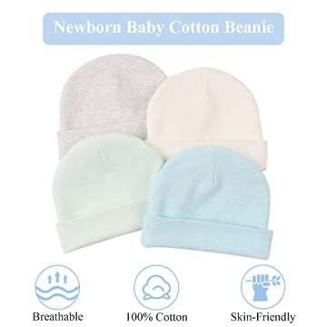 Zsedrut Spring Infant Hospital Beanie Newborn Baby Girls Cotton Hat Tolddler Boy Soft Double-Layer Hat(Preemie/Newborn,White+Blue+Gray+Green)