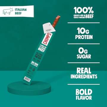 Chomps Grass-Fed and Finished Italian Beef Jerky Snack Sticks 10-Pack - Keto, Paleo, Whole30, 10g Lean Meat Protein, Gluten-Free, Zero Sugar Food, Non-GMO