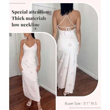 LOUSEA 3D Dress for Women Spaghetti Strap Crochet Maxi Dress Sleeveless Knit Maxi Dress Flower Backless Dress Bodycon Knitted Dresses Beach Long Dress Beach Party Vacation Dress (LS-1003-White,S)