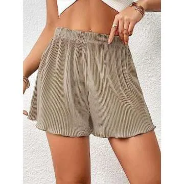 Milumia Women Casual Rib Knit Lettuce Trim Shorts Summer Elastic Waist Loose Shorts Khaki Small