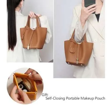 Versatile Genuine Leather Bucket Handbag for Women