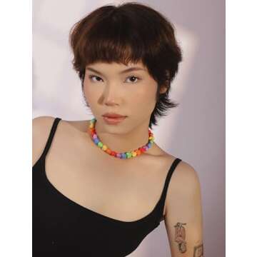 OJERRY Y2K Kawaii Cutecore Aesthetic Colorful Rainbow Chunky Heart Beaded Choker Cool Beach Necklace...