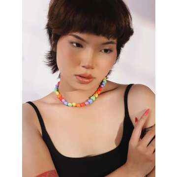 OJERRY Y2K Kawaii Cutecore Aesthetic Colorful Rainbow Chunky Heart Beaded Choker Cool Beach Necklaces Jewelry Accessories Coolest Romantic Gifts for Women Her Trendy Stuff